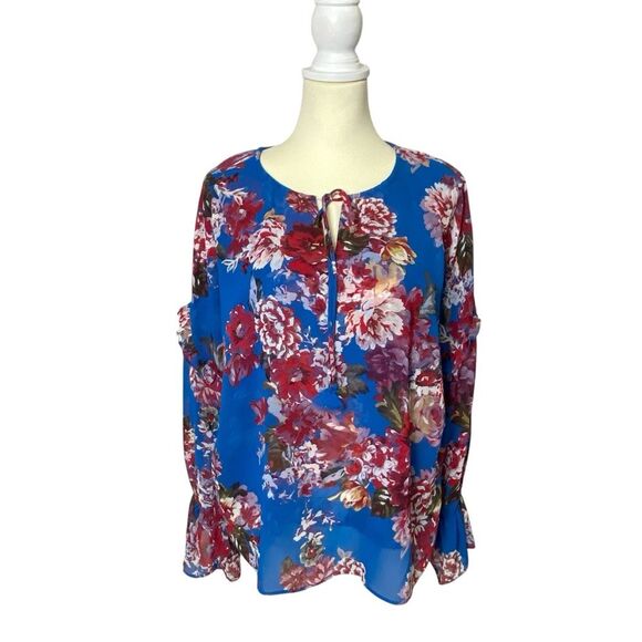 Elie by Elie Tahari Blue & Red Floral Semi Sheer Bell Sleeve Blouse Women's M - Picture 1 of 16